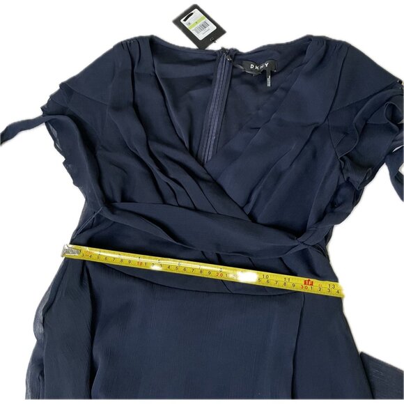 DKNY Faux Wrap Asymmetrical Short Sleeve V Neck Midi Dress 4 S Navy Blue NWT - Picture 6 of 9
